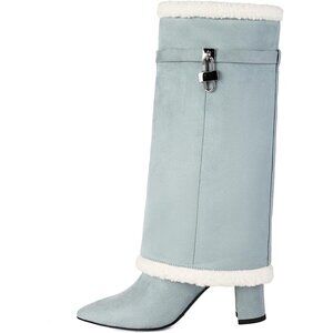 Women's Blue Pull On Mid Calf Pointed Toe Chunky Heel Fur Collar Winter Boots